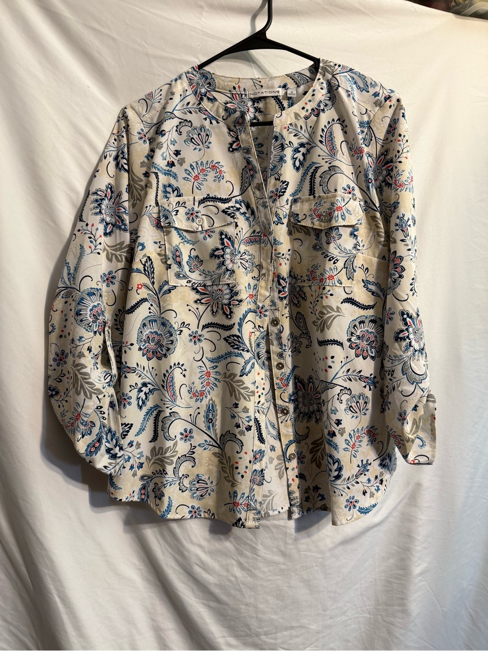 Notations Beige Floral Paisley Button-Front Blouse with Blue & Pink Accents